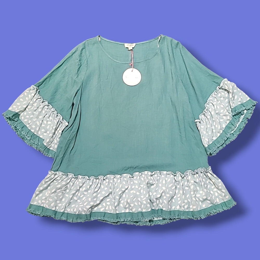 NWT Umgee Teal Ruffle Top Women's Large L Short Sleeve Peplum Blouse $42